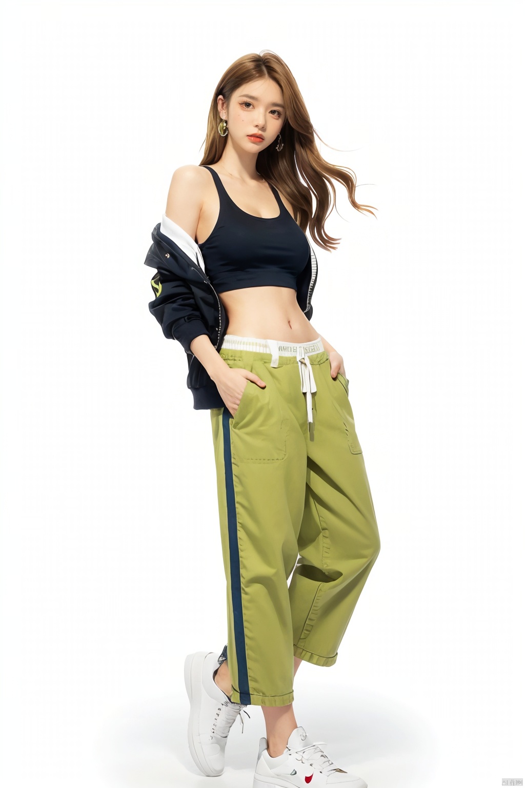  (best quality), ((masterpiece)), (highres), illustration, original, extremely detailed . ooo, 1girl, solo, long hair, breasts, white background, full body, simple background, blonde hair, sneakers, pants, shoes, blue eyes, looking at viewer, navel, white footwear, jewelry, earrings, crop top, off shoulder, midriff, jacket, hands in pockets, bare shoulders, green pants, smile, standing, cleavage, parted lips, open clothes, **** top, medium breasts, collarbone, open jacket, floating hair, nike, white jacket., ((poakl))