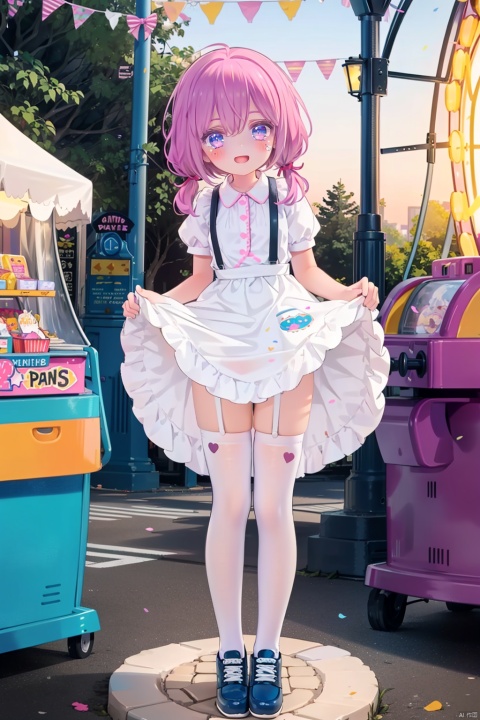 (((white stockings))), ((poakl)),1female, little girl, loli aesthetic, theme park backdrop, adorable short skirt dress patterned with hearts or cartoon characters, white stockings featuring cute cartoon prints, comfortable sneakers or Mary Jane shoes, hair styled in bouncy pigtails tied with bright ribbons, holding a cotton candy or a stuffed animal prize, standing in front of a Ferris wheel or carousel, vibrant colors of attractions and carnival games, roller coasters and spinning rides towering above, fairy lights illuminating the midway, vendors selling popcorn and hot dogs, sounds of laughter and music filling the air, excited expression, glittering eyes taking in the sights, pink cheeks flushed with excitement, dress adorned with bows, ruffles, and sequins, playful suspenders or a Peter Pan collar, themed accessories like a novelty headband or temporary tattoos, eagerly awaiting her turn on a ride, colorful balloons and streamers decorating the scene, confetti sprinkled on the ground, family members snapping photos nearby, the joyous atmosphere of childhood wonder
, skirt_lift