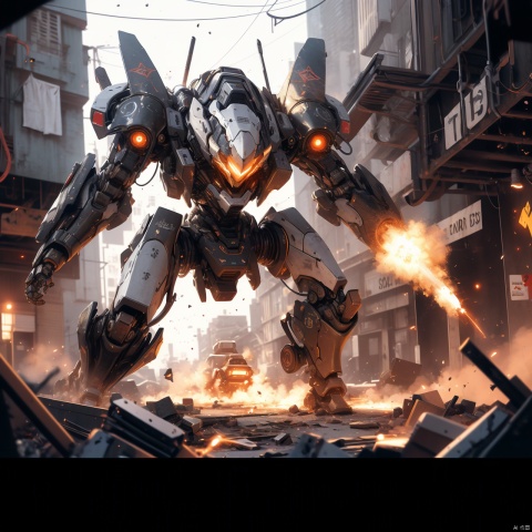 Wide angle lens, vanishing point, from below, looking up, focusing on the waist, perspective, fisheye lens, (robot: 1.1), advanced exoskeleton armor, plasma cannon, reinforced armor plate, thruster engine, city ruins background, deterrence Full posture, luminous energy core, smoke trails, fine hydraulic system, weathered painting style, dynamic action moments, strong light effects, doomsday wasteland atmosphere, Robot,Roblit