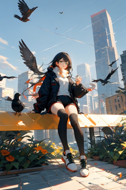  nai3, 1girl, long hair, thighhighs, solo, black hair, white thighhighs, shorts, holding, sitting, green eyes, bird, white footwear, shoes, black shorts, scarf, sneakers, jacket, looking at viewer, outdoors, bangs, long sleeves, shirt, open clothes, full body, short shorts, can, black jacket, sky, holding can, railing, ribbon, black shirt, day, open jacket, parted lips, white ribbon, building, black scarf, crow, cityscape, rooftop