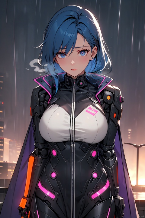 (UHQ, 4k resolution), a cyberpunk-themed visualization of a futuristic cityscape at sunset., a female robot detective leans against a sleek matte black hovercar with cherry blossom decals, wearing a long midnight blue trench coat and vibrant neon purple hair, paired with her advanced cybernetic eyes Implants provide a stark contrast.The air was thick with steam, rising from vents on the rain-soaked sidewalks, while the sky took on hues of magenta, orange and deep purple as the sun set behind the sprawling metropolis.((poakl))