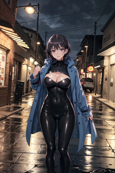  (UHQ, 8k resolution), creating alluring images of voluptuous women in rain-soaked urban environments.She is pictured standing under dim streetlights in a deserted alley during a downpour.She wore a see-through black lace bodysuit that outlined her curves, leaving her trench coat unbuttoned and her raincoat billowing in the wind.Her long, wet hair hung down her back, glistening in the gloomy light.The pavement was smooth and the puddles reflected the neon lights overhead, casting an ethereal glow around her..((poakl)).
