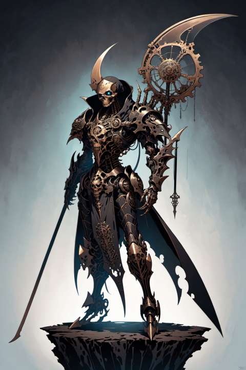  exquisite character design, intricate mechanical details, steampunk-inspired reaper, hybrid humanoid-machine form, polished bronze and copper fittings, oil-stained gears visible beneath transparent plates, sinuous limbs ending in articulated claws, elongated spine terminating in a menacing scythe blade, adorned with Victorian filigree and arcane symbols, crowned by a skull helm with glowing red eye sockets, standing on a minimalist, grunge-textured platform, monochromatic background to emphasize form and texture, subtle hints of steam issuing from joints, expressive yet eerie digital display for face, emphasizing its status as an otherworldly entity, imbued with a sense of both mortality and immortality, single source of dramatic downlighting, isolated figure without additional elements to distract from the central character, (gradient background, simple background),((anime art style)), ((poakl))