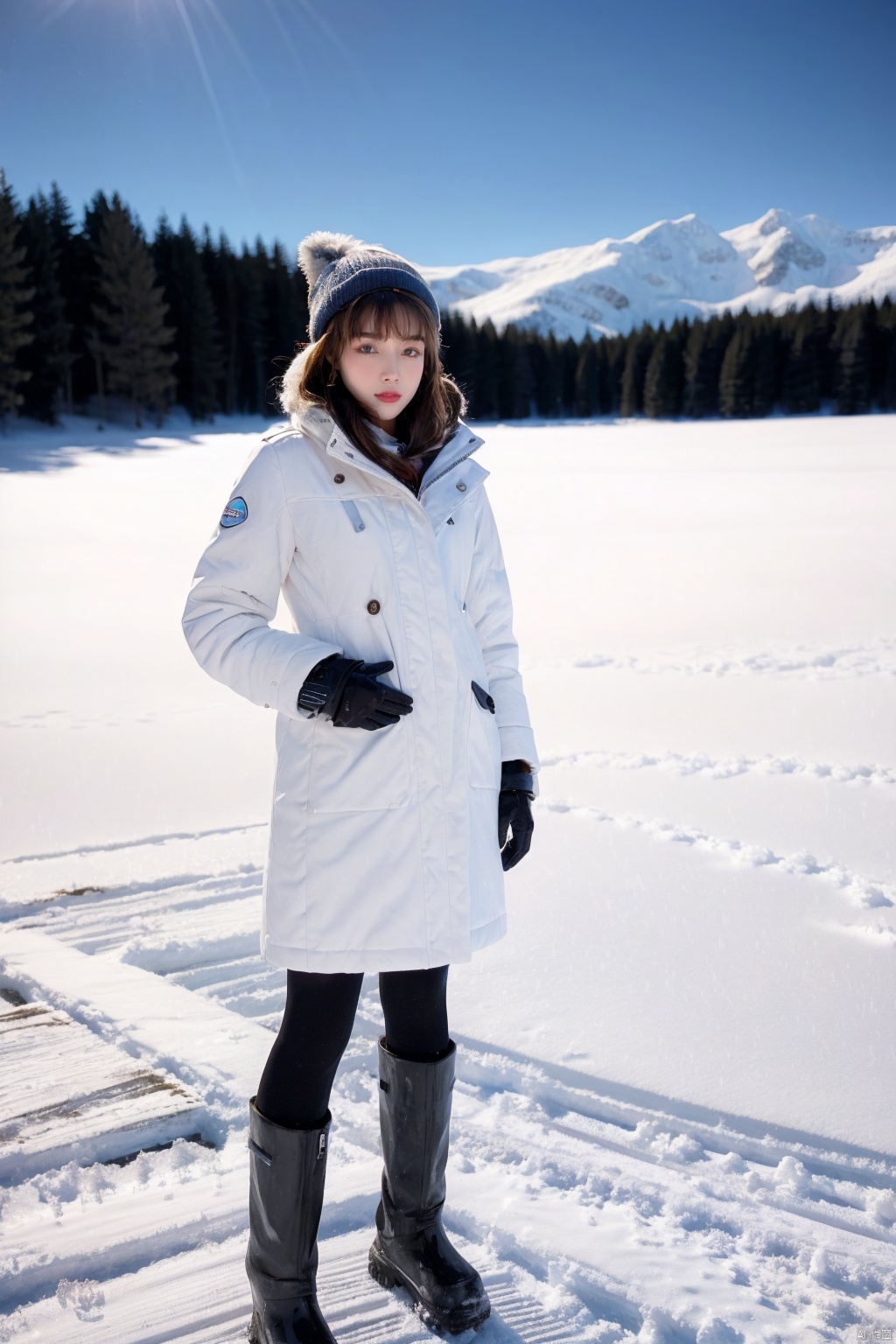 Girl in winter wonderland, panoramic view, standing by a frozen lake, wearing a fur-edged long down jacket with pantyhose, snow boots, gloves and woolen hat, surrounded by tall pine trees covered with snow, The crisp blue sky, the sunlight penetrating the clouds and casting elongated shadows, the snowdrifts on the lakeshore, and the distant mountains under the pink alpenglow capture the tranquility and serenity of this season.