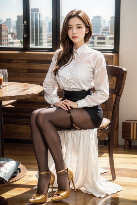 (Panorama, Depth of Field, Dynamic Pose, Seated, :1.2), (8k, RAW Photo, Best Quality, Masterpiece: 1.2), (Photorealistic, Photorealistic), Masterpiece, Best Quality, (Ray Traced, studio lighting), 1girl, (solo), ((pantyhose. high heels: 1.4)) indoor coffee shop scene, (dressed in business attire), seated.Smart professional hairstyle, neat white shirt and black pencil skirt, modern minimalist style interior, wooden furniture, floor-to-ceiling windows that let in natural light and a view of the city skyline,((poakl))