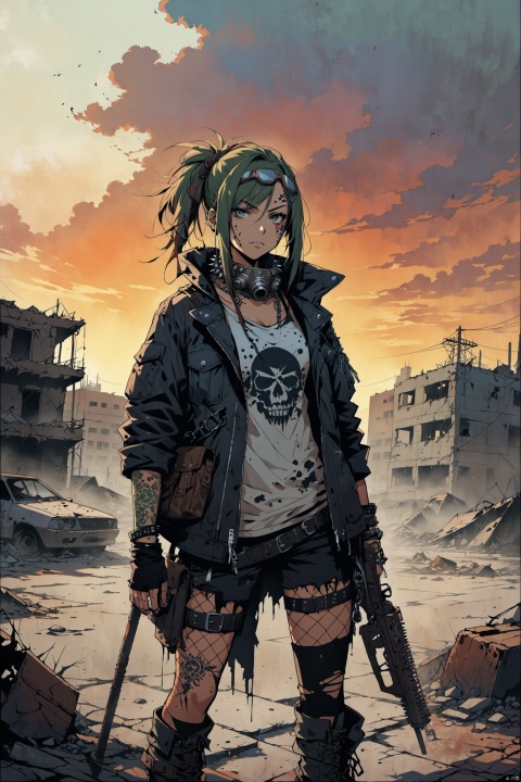 1post-apocalyptic punk girl, full-body portrait, wasteland setting, decayed urban landscape, shredded clothing, distressed leather jacket, spiked collar, gasmask, goggles, torn fishnet stockings, combat boots, rusted chains, makeshift weapons, mohawk or dreadlocks, tribal tattoos, layered belts, utility pouches, polluted sunset sky, crumbling buildings, spray-painted graffiti, scavenged accessories, defiant stance, survivalist mindset, smudged war paint, desolate terrain, atmospheric haze, resilient spirit, punk rock attitude, gritty determination,((anime art style)),