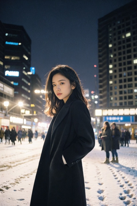 
An Annie Leibovitz photograph, featuring a young professional woman in winter attire, showcases her against the dramatic backdrop of an icy urban metropolis. The subject is captured mid-stride on a snow-lined sidewalk, bundled in a tailored wool coat and sleek boots, exuding confidence and poise as she navigates the bustling cityscape. Her gaze is fixed ahead, hinting at purpose and ambition amidst the cold winter winds. The image masterfully juxtaposes the crisp lines of modern architecture with the organic patterns of freshly fallen snow, while the soft glow of streetlights illuminates the scene with a cinematic touch. The photograph's composition emphasizes depth and movement, inviting viewers to experience the brisk atmosphere alongside the protagonist. (8K resolution, best quality: 1.2), (documentary-style portraiture), (photorealistic detail and motion blur: f/3.5), (ultra-high-res), (dramatic use of available light), (expert capture of texture—fabric, ice, concrete), (dynamic representation of an urban environment during winter)..((poakl))