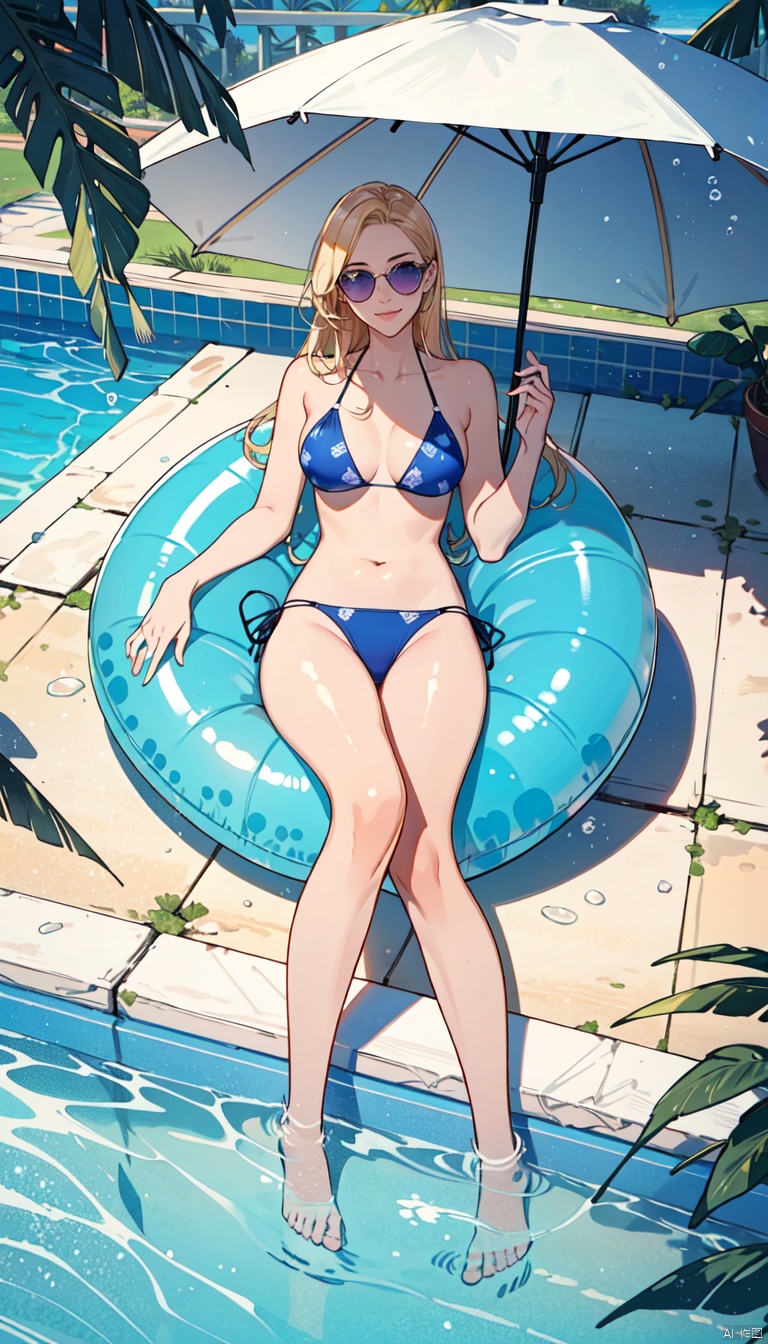  masterpiece, ultra-high quality, overhead shot, 1girl, solo, full body, lying on a large inflatable unicorn float in a pool, sunglasses on, holding a colorful drink with an umbrella, long straight blonde hair spread out behind her, bikini top, patterned bottoms, golden suntan, relaxed smile, blue water, (glossy reflection):1.6, bright sunlight, vibrant colors, underwater bubbles, poolside loungers, tropical plants, parasol, resort architecture, clear blue sky, (sun glare):1.4, inflatable beach balls, letterboxed, 1female.
