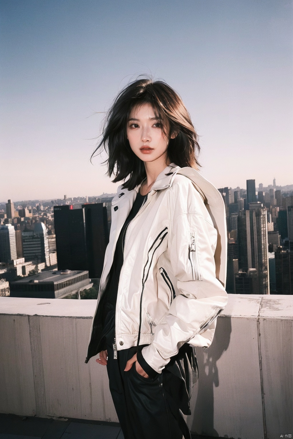 A modern, chic woman wearing a black leather moto jacket and ripped jeans stands confidently on the rooftop of a skyscraper, gazing out at the city skyline. Her short, tousled hair is swept back by the wind as she smiles subtly, embodying a sense of independence and strength. The shot is captured with a Sony A7R IV using a 24-70mm f/2.8 lens from a slightly elevated angle, maintaining sharp focus on her face and the sprawling city behind her. The photograph exudes a bold and empowering energy, reminiscent of Annie Leibovitz's portraits.