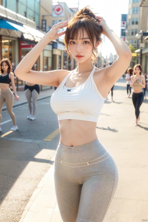 (8k,RAW Photo,Best Quality,Masterpiece:1.2),(Real,Authentic:1.4),Official Art,Movie,Natural Light,Golden Hour Lighting,Contour Light,((City Street:1.4))),,1 sporty girl, sports bra, dynamic hairstyle, dynamic pose, ((beige yoga pants))), exposed navel, denim shot, depth of field, ((poakl))