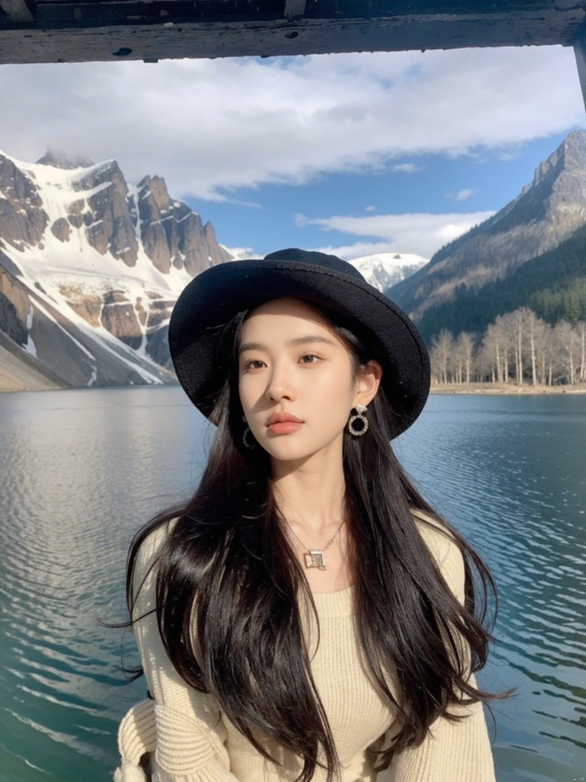  1girl, solo, hat, jewelry, long hair, realistic, black hair, earrings, outdoors, photo background, mountain, necklace, river, looking at viewer, lake, day, nature, upper body, black eyes, lips, a woman with long hair wearing a hat and a backpack near a lake and mountains with snow on the tops