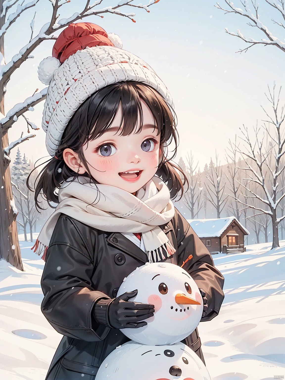 Children, warm winter sun, snowman, snowflakes, plush hat, plush scarf, slippery, fairy-tale snow scene, warm gloves, cheerful laughter, rosy little face, natural light, medium long shot (MLS)
