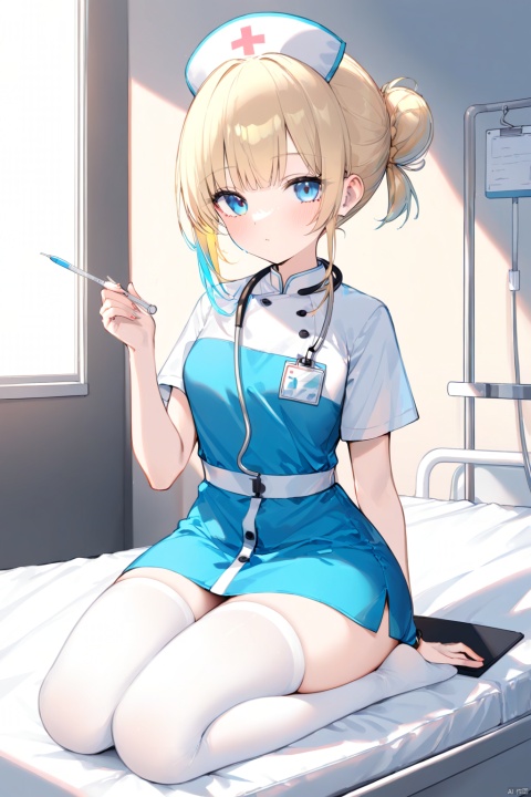  (8k, contemporary Chinese streetwear style, trendy quality), vividly-detailed, (vibrant, youthful skin with a confident and fashionable look), intimate hospital scene, indoors, 1 female nurse, solo, seiza-style sitting on the patient's bed, white stockings, full-length nurse uniform with white cap, holding a thermometer, blue eyes, gentle expression, blonde hair tied in a bun, stethoscope hanging from neck, clipboard nearby, soft lighting, comfortable atmosphere, patient's hand on the blanket, medical equipment visible in the background, compassionate demeanor, professional yet empathetic touch