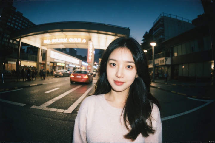 first-person nocturnal encounter,portrait of an adorable female subject,found amidst the twinkling neon lights of a nighttime cityscape,subject grinning brightly, holding a cotton candy cone,her playful spirit mirrored by the colorful surroundings,cosy oversized sweater contrasting with the edgy urban environment,soft, diffused street lighting casting a warm glow upon her face,blurry streaks of car headlights tracing their way through the frame,ISO 1600 adjusted for the low-light conditions,aperture F1.8 to create a creamy bokeh effect and draw focus to her infectious smile,shutter speed 1/60 sec to artistically capture the motion of the bustling night streets,deploying the Nikon Z6ii for its adept low-light performance and exceptional detail rendition,MEGA_ISP Resolution,transcribing a charming and endearing moment that captures the whimsical essence of youth amidst the energetic nightlife((poakl)),(((fisheye perspective, perspective, vanishing point, wide angle))),((looking into the camera, hands outside the camera))