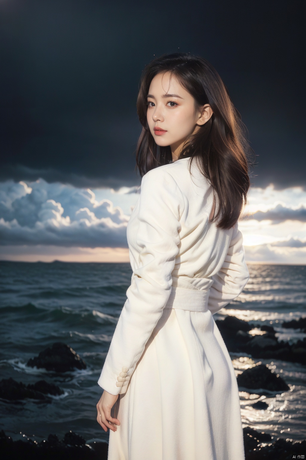  (8k,RAW photo,best quality,masterpiece:1.2),(realistic,photo-realistic), strong wind, a girl, standing, (whole body)), back, dynamic hairstyle, (((from back)), edge light , coat,, (((film composition, film lighting))),, not looking at the camera, profile, ocean, clouds, gloomy sky, depth of field, sea, dim sky, dim, mv