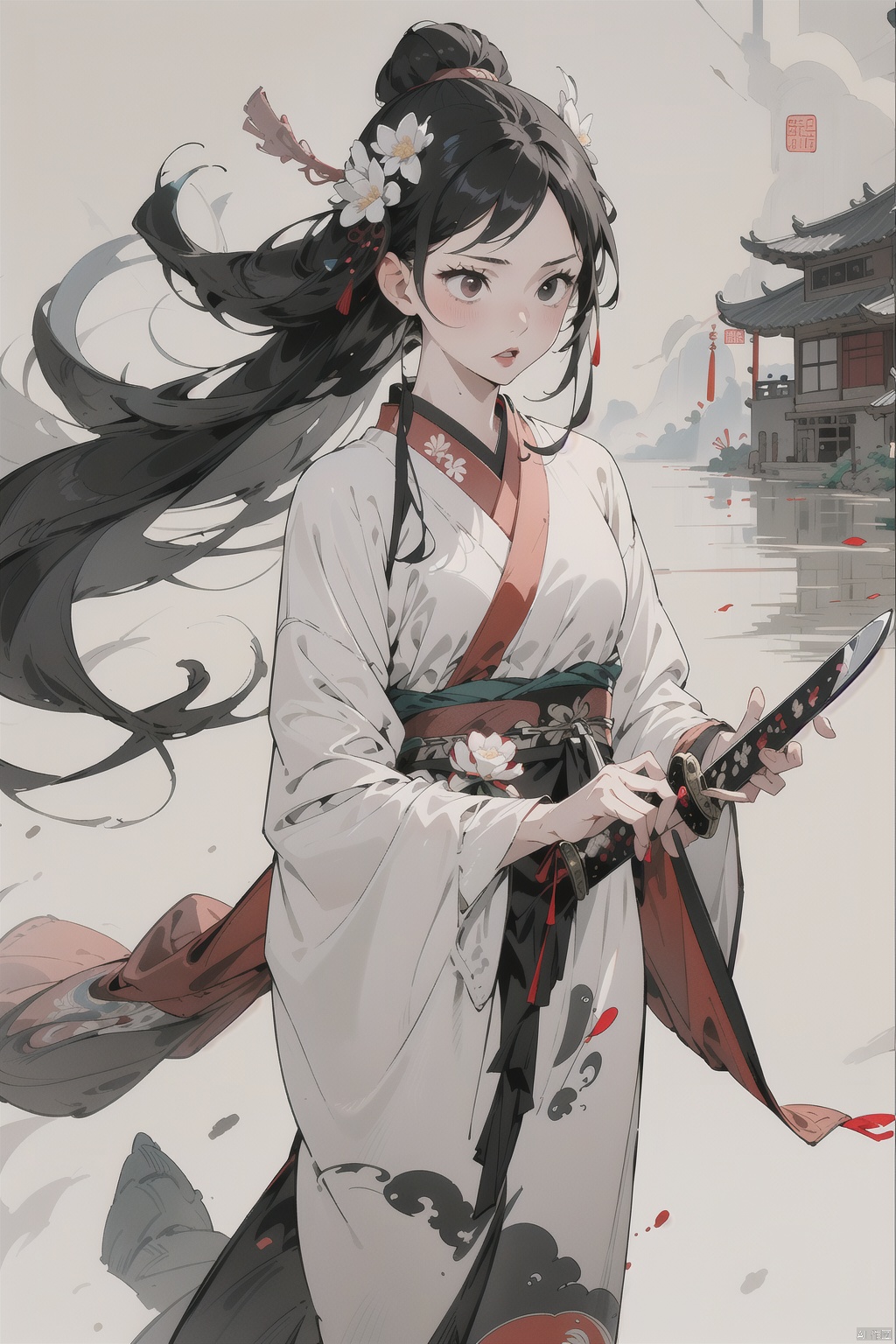 1man,1girl, weapon, sword,flower, hanfu,chinese painting,huaniao,guzhen,xia