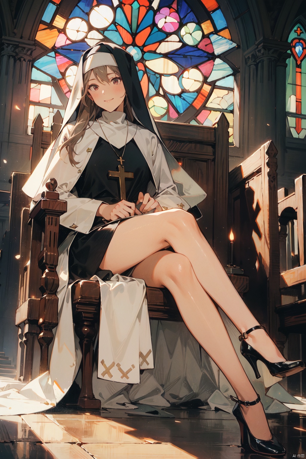 Nun, religious scene, sexy nun dress.Stockings, high heels, serene expression, pious posture, church interior, stained glass windows, candlelight, simple clothing, headscarf, cross necklace, gentle smile, simple background, piety, faith, spiritual journey, charity work, Quiet dignity, serene atmosphere, architectural details, light and shadow, soft light,