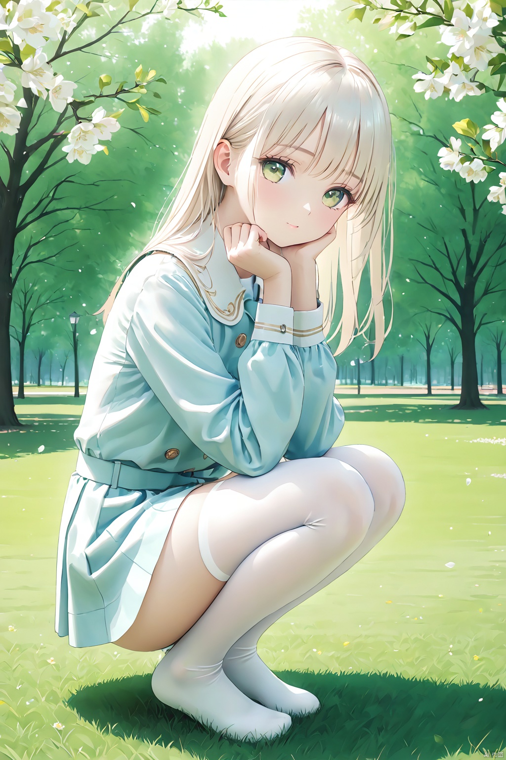 Masterpiece, photo-realistic, superior quality, 8K render, highly detailed anime-styled girl, solo character, squatting pose, high-resolution imagery, delicate smooth skin texture, youthful and innocent facial expression, meticulous attention to intricate details, vivid color scheme, artistic illustration style, exceptionally sharp focus on facial features and eyes, precise lighting with soft shadows emphasizing contours, dressed in a pure white knee-high stockings, complemented by a fashionable outfit, set against an ambient springtime background, urban or park setting.