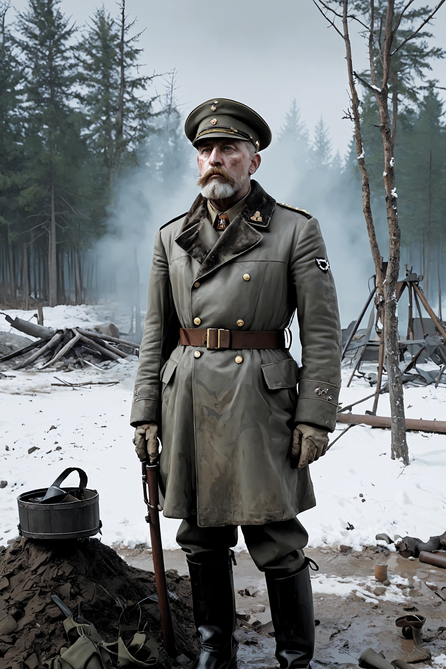 (Image of German general during World War II: 1.2), marshal uniform, standing, full body, big beard, Iron Cross hanging on the chest, gold-rimmed peaked hat, telescope hanging around the neck, map bag under the arm, serious face, Standing in a trench, with a battlefield background covered with snow, wearing a fur collared coat, having a strategic discussion, with a pipe in his mouth and military boots.muddy.Dirty, worn, hot, bloodstained, dirty, broken, looking at the camera, shot with a retro camera effect, traces of war damage visible in the background, showing the aura of the commander, movie scene, movie lens, movie lighting, volumetric lighting, ultra Detailed, Highly Detailed, Hyper-Detailed, Realistic, Surreal, Surreal, HD, IMAX, 8K Resolution, Super Resolution, Sharp Focus, Magnificent, Best Quality, Masterpiece.,