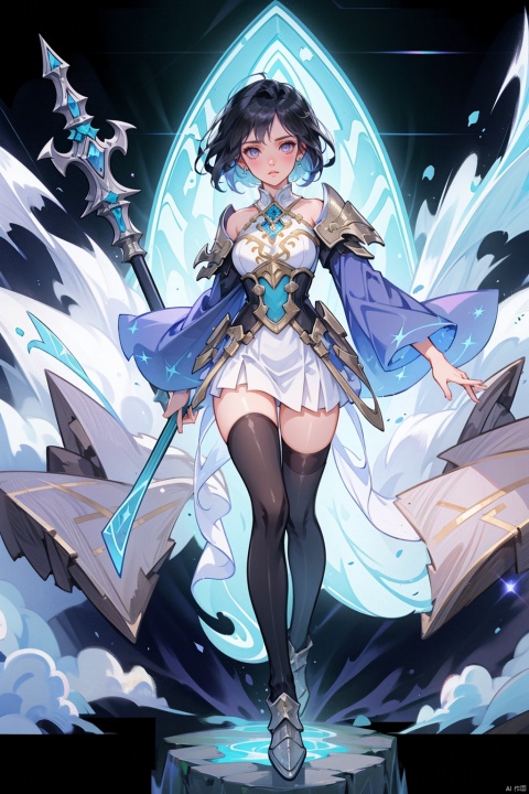  (((white stockings))), ((poakl)),1 character, female, drawing inspiration from the art style and lore of League of Legends, depicted in a full-body composition. This champion wears an intricately detailed armor set crafted from silver and midnight blue, adorned with mystical Runes and gemstones that radiate an otherworldly glow. Her form-fitting cuirass and segmented greaves suggest a balance between elegance and combat readiness.

She boasts long, flowing, raven-black hair streaked with iridescent highlights that cascade past her armored shoulders, framing her striking elven features and piercing violet eyes. In her hands, she wields a magnificent arcane scepter, crackling with energy and infused with the power to manipulate the very fabric of the battlefield.

The background is a fantastical Summoner's Rift setting, showcasing a blend of lush foliage, ancient ruins, and mystical auras, with the faint outline of Nexus towers in the distance. The environment is lit by the ethereal glow of summoning circles and rune shards, heightening the atmosphere of a crucial moment in a heated battle. Her pose is commanding, yet poised, expressing the confidence and strategic prowess emblematic of a formidable League of Legends champion.