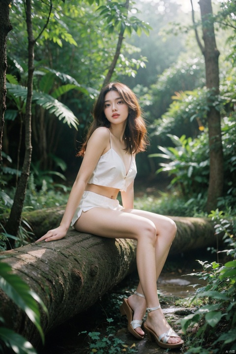 35mm focal length, panoramic shot, outdoor portrait photography, trendy teenage girl in a natural forest setting, blending contemporary fashion with the wilderness, dressed in a bold and stylish outfit that contrasts with the organic textures of the forest, striking a pose that merges youthful vibrancy with the serenity of nature, possibly exploring, dancing or sitting on a tree branch, sunlight filtering through the canopy casting dramatic shadows and highlights on her and the surrounding flora, using the full panoramic view of the 35mm lens to encapsulate both the subject and the dense, sprawling forest environment, while maintaining depth and sharpness across the frame, creating an image that tells a story of a young trendsetter finding harmony in the wild.((poakl)), monkren