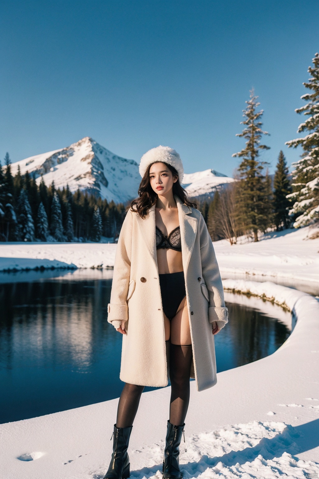 Girl in winter wonderland, panoramic view, standing on the edge of a frozen lake, wearing a fur-edged long down jacket, ((opens the coat to reveal underwear and bra, paired with pantyhose))), snow boots, gloves, wool hat, surrounded by tall pine trees dusted with snow, a crisp blue sky with sunlight breaking through the clouds, casting elongated shadows, snowdrifts on the lake shore, distant mountains under the pink alpenglow, capturing the season of peace and tranquility