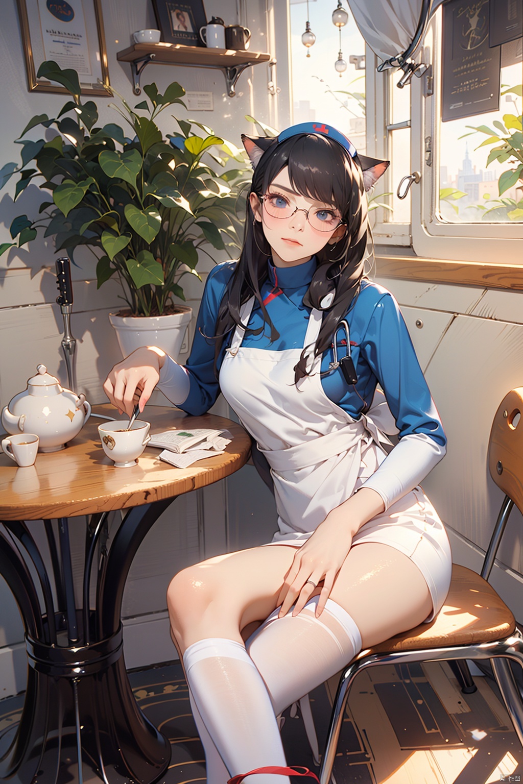  nai3, 1girl, animal ears, solo, blush, cat ears, apron, looking at viewer, long hair, blue eyes, sweatdrop, upper body, closed mouth, bangs, parted bangs, dress, long sleeves, puffy sleeves, white apron, ribbon, black dress, frills, hair ribbon,Nurse,blue nurse uniform,squatting,Bottom-rimmed glasses,fine fabric emphasis,White stockings,White high heels,hospital,short hair,naughty face,arms under breasts,view from below,look at the viewer,wide shot,head tilt, (masterpiece:1.2), best quality,PIXIV,cozy animation scenes,

twin drills


