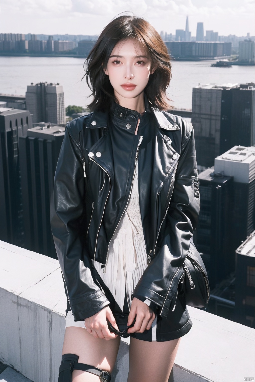  A modern, chic woman wearing a black leather moto jacket and ripped jeans stands confidently on the rooftop of a skyscraper, gazing out at the city skyline. Her short, tousled hair is swept back by the wind as she smiles subtly, embodying a sense of independence and strength. The shot is captured with a Sony A7R IV using a 24-70mm f/2.8 lens from a slightly elevated angle, maintaining sharp focus on her face and the sprawling city behind her. The photograph exudes a bold and empowering energy, reminiscent of Annie Leibovitz's portraits.