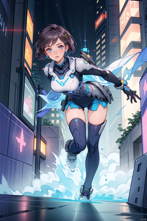  (((white stockings))), ((poakl)),1 character, female, inspired by the aesthetic and themes of Overwatch, portrayed in a full-body shot. This unique hero is clothed in a cutting-edge, form-fitting battlesuit, combining elements of hi-tech armor with fluid lines and bold colors. The suit exhibits shades of deep purple and electric blue, with glowing accents that illuminate her movements, suggesting an affinity with energy-based powers. She wears a lightweight, aerodynamic helmet that covers her short, vibrant magenta hair, leaving her determined and intelligent eyes visible through a clear visor.

She clutches a dual-function weapon capable of transforming from a rapid-fire energy blaster to a precision-guided projectile launcher, signifying her adaptability and versatility on the battlefield. Her posture reflects a balanced combination of power and agility, poised for action with legs slightly bent and torso leaning forward.

The background is a bustling, futuristic metropolis under siege, with towering skyscrapers, neon-lit billboards, and a swirl of airborne debris, all illuminated by the pulsing light emitted from her suit. Her heroic stance overlooks the chaos below, embodying the spirit of Overwatch – a beacon of hope amidst turmoil, ready to deploy her unique skills and join forces with other heroes to restore peace and order.