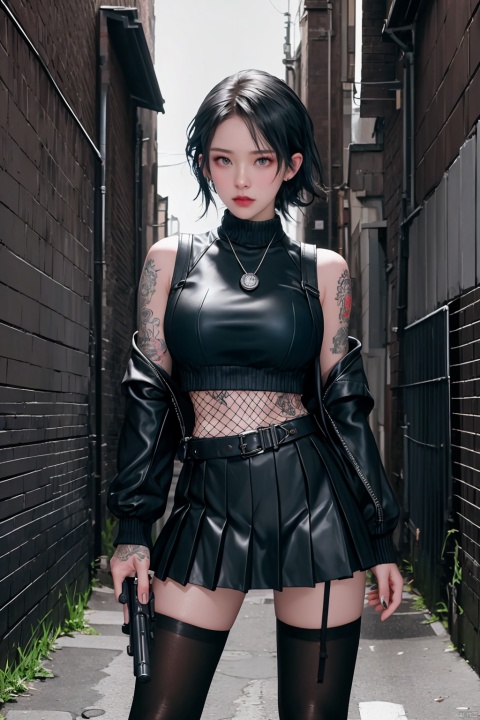  (Masterpiece: 1.2), (Best Quality: 1.2), (High Resolution: 1.2), (Incredibly Ridiculous), (Absurd), Very High Resolution, Illustration,,simple background, (Dimly Lit Alleyway: 1.4), 1 girl, standing, gangster outfit, short skirt, white thigh-highs, pleated miniskirt, black leather jacket, sleeveless undershirt, cropped top, tattoos on exposed skin, aviator sunglasses, red bandana, statement necklace, fishnet glove, combat boots, dual wield pistols, slicked-back raven hair, piercing blue eyes, scar above eyebrow, cigarette held between fingers, tough stance, gritty alley setting, graffiti walls, utility belt, thigh holster, intense gaze, ripped tights, gunmetal accessories, ((poakl)), seductive eyes, 