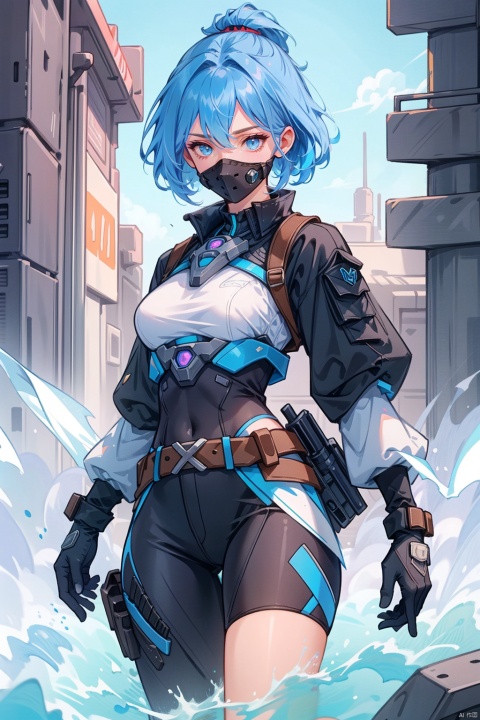  (((white stockings))), ((poakl)),1 character, Under the bright neon lights of Piltover, a female character wearing a tight-fitting combat suit with futuristic technological style stands proudly. Her image is like the reappearance of Caitlin, the Piltover policewoman in "League of Legends".The character wears dark blue and silver-white tactical armor, whose streamlined design highlights her slender and powerful figure.Wearing a high-tech tactical helmet, his face is chiseled, and his sharp eyes stare into the distance through a transparent mask, as if he is ready to lock on to the target at any time.Her weapon is a precision-modified composite energy rifle. The gun body shines with a cold light, demonstrating its high accuracy and destructive power as a long-range output.She carries a multi-functional tactical device on her back, allowing her to quickly switch strategies and respond to various crises on the battlefield.The tactical belt around his waist is tied just right, it is both practical and fashionable, and it is full of various tactical equipment and magazines.The background is the bustling urban skyline. The giant mechanical towers in the distance and the steel buildings nearby indicate the high-tech atmosphere of the city.The metal platform under your feet is mottled with light and shadow, complementing the reflective material on the character's body.At this moment, she is getting ready to go, showing a calm, professional and deadly beauty. She is like the top law enforcer in Piltover, ready to strike accurately at criminal acts at any time.