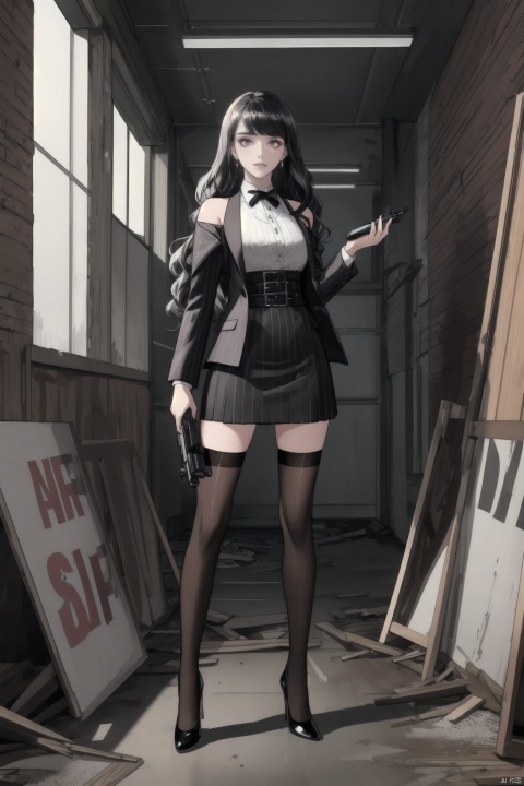 (Masterpiece: 1.2), (Best Quality: 1.2), (High Resolution: 1.2), (Incredibly Ridiculous), (Absurd), Very High Resolution, Illustration,,noir-inspired gangster scene, full body, 1 female mobster in a black pinstripe suit with a short skirt and sheer white stockings, glossy black stiletto heels, long wavy raven hair cascading over her shoulders, smoldering dark eyes framed by thick lashes and heavy eyeliner, standing amidst the dimly lit interior of an abandoned warehouse, holding a sleek chrome-plated pistol at the ready, flanked by loyal gang members in matching attire, background filled with stacked crates, peeling paint, and the gritty atmosphere of organized crime, blending classic noir aesthetics with modern fashion and underworld power dynamics, ((poakl)), seductive eyes