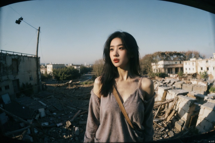 first-person raw depiction,portrait of a female subject,situated amidst an evocative post-apocalyptic landscape,decaying ruins forming a haunting backdrop,subject standing tall, eyes gazing into the distance,expressive stance conveying strength and resilience,attire blending with the muted earth tones of the rubble,subtle wind animating loose strands of hair,weathered textures of concrete and rust adding layers to the narrative,low-angled sunlight casting long, dramatic shadows,ISO 800 to balance the challenging contrast of light and shadow,aperture F5.6 to ensure both subject and background remain discernible,shutter speed 1/250 sec to capture the fleeting moment of contemplation,leveraging Canon EOS RP's adaptability to diverse shooting scenarios,MEGA_ISP Resolution,documenting an unyielding spirit amidst the poignant beauty of desolation
,((poakl)),(((fisheye perspective, perspective, vanishing point, wide angle))),((looking into the camera, hands outside the camera)), Postwar ruins