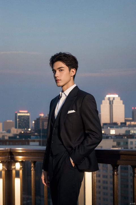 High-resolution, panoramic, 85mm focal length, capturing the essence of an urban-chic male model standing confidently against a sleek metropolitan skyline at sunset. The subject wears designer attire, a tailored suit in midnight blue with a crisp white shirt underneath, exuding sophistication. He's positioned near the edge of a rooftop terrace, bathed in warm golden hour light that accentuates his sharp features. In the background, a blurred out metropolis provides depth, while the foreground showcases intricate details of his outfit and posture. The photograph is masterfully executed with a shallow depth of field to emphasize the model's presence, giving it a professional editorial look.((poakl)), shirt_lift