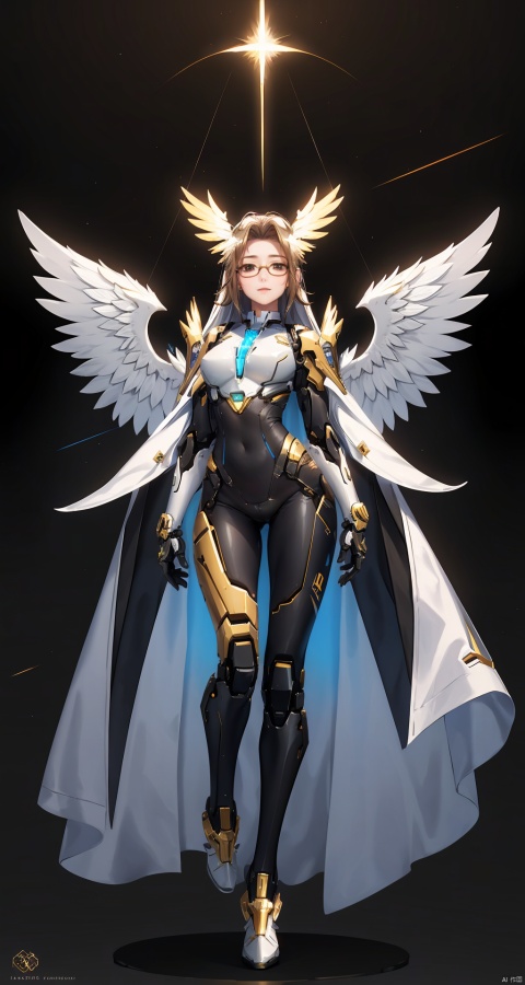  masterpiece, best quality, highres, incredibly absurdres, 1hero, Overwatch-inspired, female, celestial healer, Angelic theme, winged emblem, halo-like headpiece, sleek white and gold armor, flowing ethereal robes, mechanical wings for agile flight, medical staff emitting divine light, holographic diagnostic interface, high-tech eyewear with embedded health readouts, form-fitting bodysuit with regal accents, golden pauldrons, angelic motifs throughout attire, hovering gracefully above ground, benevolent gaze, compassionate yet resolute facial expression, poised to deliver life-saving aid amidst the chaos of the battlefield, radiant aura, energy-infused wings casting an otherworldly glow around her figure ((poakl))