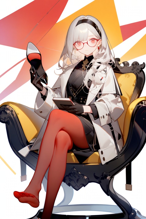  ask (askzy),Bright colors, High saturation, 1girl, solo, long hair, looking at viewer, bangs, simple background, red eyes, gloves, long sleeves, white background, holding, sitting, closed mouth, full body, white hair, grey hair, pantyhose, shoes, glasses, black gloves, black footwear, high heels, feet, coat, toes, headband, no shoes, soles, crossed legs, red-framed eyewear, single shoe, red pantyhose, ((poakl))