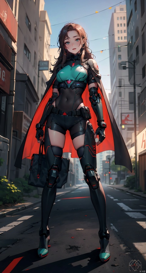  masterpiece, best quality, highres, incredibly absurdres, 1figure, cyberpunk, futuristic, female, rogue agent, glowing tattoos, full-body armor, tactical visor, high-tech gauntlets, utility belt, exposed abdomen, chest plate, synthetic dreadlocks, green cybernetic eyes, shoulder pauldrons, flowing cape, thigh-high boots with buckles, energy weapon, digital camouflage patterns, augmented reality display, fingerless gloves, micro-missile launcher, dual pistols, cybernetic enhancements, ripped bodysuit, stern expression, lithe stance, half-cape, utility pouches, visible internal circuitry, cyber-eye HUD, red lip color, scar over left eyebrow, weathered urban backdrop, combat ready, ((poakl))