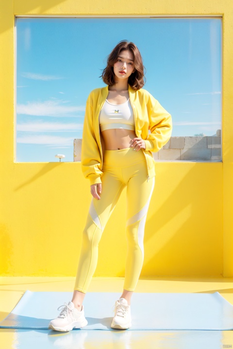 (8k, RAW Photo, Best Quality, Masterpiece: 1.2), (Real, Real: 1.4), Official Art, Magazine Cover, Poster, Movie, Natural Light, Global Illumination, Contour Light, 1 Athletic Girl, Sports Bra, Motion Hair style, dynamic poses, (((yoga pants))), (((yellow jacket))), exposed navel, depth of field, ((poakl)), duobaca, (((full body))), Hermès orange background,