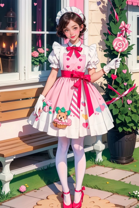  (((white stockings))),1female, maid, candy-themed environment, short frilly maid dress, white stockings with lace trim, matching apron, hair tied up in a ribbon or headband, Mary Jane style shoes, holding a tray with sweet delights, standing outside a whimsical candy house made of gingerbread, candy cane pillars, frosting details, pastel macaron roof tiles, sugar-dusted garden, confectionery flowers, gumdrop stepping stones, sky filled with cotton candy clouds, heart-shaped cookies lining the walkway, Lolita-styled maid outfit, bows and ribbons throughout the attire, dainty teapot or cupcake on serving tray, pink and white striped walls of the candy house, blush-colored cheeks, friendly smile, playful animations like winking pastry mascots, lollipop tree nearby, cake pops as bushes, a candy cane broomstick propped against the house, elegant parasol leaning on a candied bench, sparkling clean white gloves, iridescent fairy lights decorating the scene((poakl))
