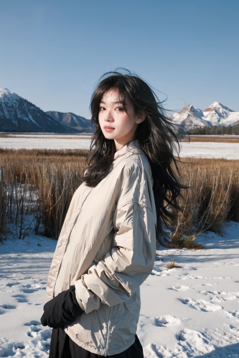  A girl, her hair flowing in the wind,Standing on the snow, the trees stretching out behind her. The scene is captured using a Fujifilm X-T3 with a 16-55mm f/2.8 lens, the image having a sharp and clear focus. The photograph has a sense of drama and tension, inspired by the works of Helmut Newton.