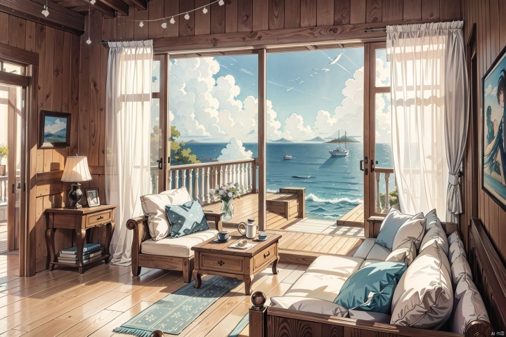  Masterpiece, Best Quality, Best Picture, Best Quality, Official Art, Silver Game, Concentric, Medium Scene, Interior Scene, Spacious windows show panoramic ocean views, sheer curtains gently swaying in the wind, distressed wooden floors, sofa , window sill, artwork, overall creating a quiet and pleasant fresh atmosphere (without people)