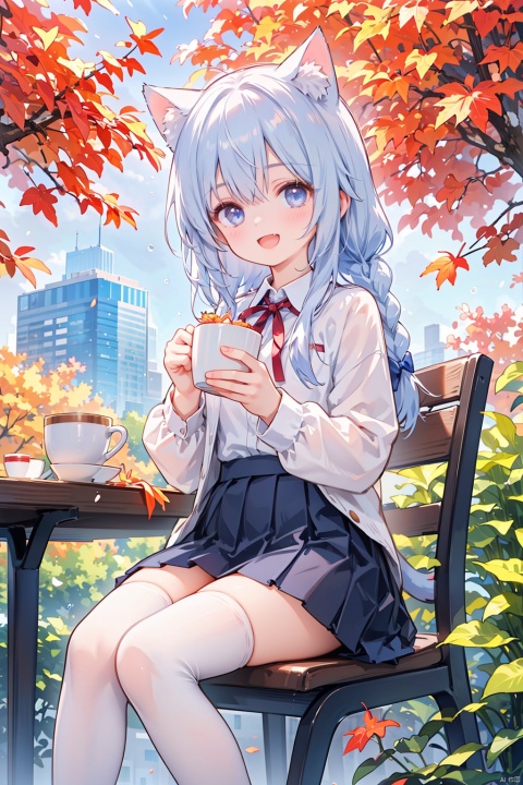  (masterpiece),(bestquality),artist(雨音),雨音, 1girl, thighhighs, blue eyes, animal ears, sitting, cup, solo, smile, braid, black thighhighs, shirt, skirt, holding, blush, table, long sleeves, white shirt, holding cup, food, open mouth, looking at viewer, :d, chair, plate, leaf, red ribbon, bangs, pleated skirt, cat ears, stuffed toy, animal ear fluff, autumn leaves, zettai ryouiki, ribbon, on chair, stuffed animal, outdoors, collared shirt, tree, fang, neck ribbon, book, blue skirt, falling leaves