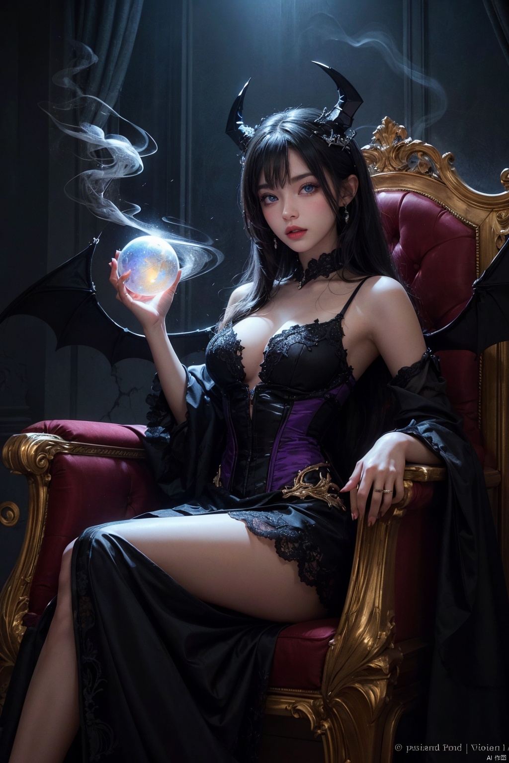  1female succubus, luxurious demon lair, wearing revealing crimson and black corset dress with bat-wing accents, dark horns curving upwards, long, voluminous midnight-black hair, mesmerizing purple eyes with vertical pupils, sitting on a throne of bones, holding an enthralling crystal ball, bat-like wings partially unfurled, tail coiled around the base of the throne, sultry expression, seductive pose, glowing ethereal aura, fiery inferno backdrop, intricate demonic motifs, polished marble floor, jewels embedded in surroundings, chiaroscuro lighting, smoke effects, high-resolution, concept art for dark fantasy game, digital painting with smooth brushwork and vibrant colors, hand101, NYDarkHalloween