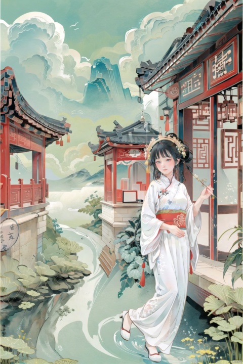 Watercolor, hand-painted style.Mountains and seas, Chinese landscape painting, clouds, pavilion, clouds, mountains and seas, clouds, high quality, art poster, a girl, classical hanfu