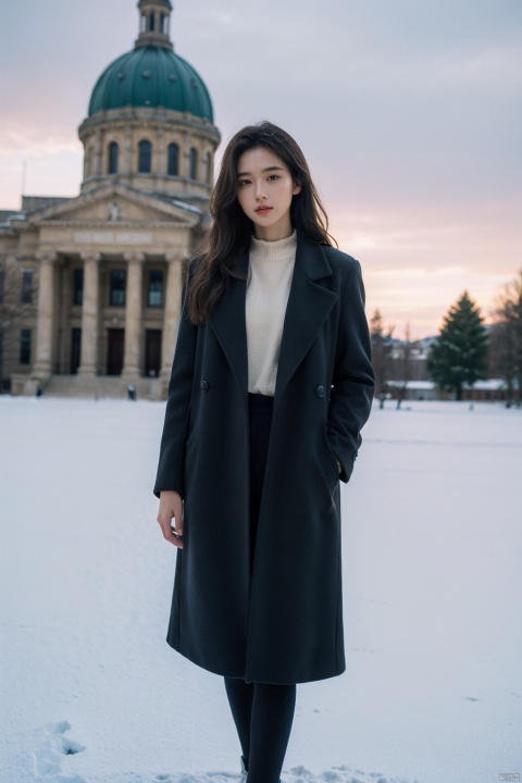 An evocative Annie Leibovitz photograph features a high school senior, clad in her winter uniform—a long wool coat over the standard school attire—standing on the steps of an iconic academic building. The scene is set against a backdrop of frosted trees and a sky tinged with the last light of a winter sunset. Her breath condenses into a fleeting cloud as she looks pensively towards the horizon, embodying the contemplative spirit of youth at the threshold of adulthood.

The image is composed to capture the essence of transition; the juxtaposition of her youthful figure with the imposing architecture symbolizes both the protective shelter of academia and the vast unknown that lies ahead. The snow-covered ground reflects the soft glow of nearby streetlights, adding a dreamlike quality to the composition. Leibovitz's expert use of ambient lighting highlights the textures of her subject's clothing and the delicate details etched by the cold on the surrounding landscape. (8K resolution, best quality: 1.2), (fine art portraiture), (photorealistic depth and emotion: f/2.8), (ultra-high-res), (dramatic natural lighting), (attention to seasonal and environmental storytelling), (subtle interplay between character and setting).((poakl))