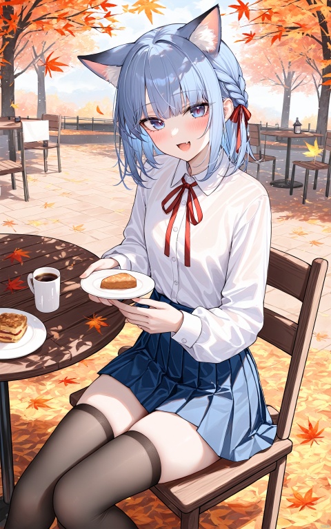  (masterpiece), (bestquality),artist(雨音),雨音, 1girl, thighhighs, blue eyes, animal ears, sitting, cup, solo, smile, braid, black thighhighs, shirt, skirt, holding, blush, table, long sleeves, white shirt, holding cup, food, open mouth, looking at viewer, :d, chair, plate, leaf, red ribbon, bangs, pleated skirt, cat ears, stuffed toy, animal ear fluff, autumn leaves, zettai ryouiki, ribbon, on chair, stuffed animal, outdoors, collared shirt, tree, fang, neck ribbon, book, blue skirt, falling leaves