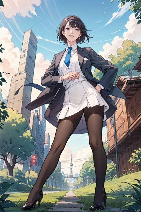  Fisheye perspective, looking from bottom to top, face looking towards the viewer,,1gril, smile,business attire, black suit jacket, white collared shirt, short skirt, pantyhose, high heels, serious expression, outdoor, blue sky and white clouds, trees, plants, focused eyes, high definition, 8k resolution, complex background, light makeup, Shoulder-length straight hair, minimalist jewelry, neat lines and clear details, and a powerful posture, showing a strong aura., hand101