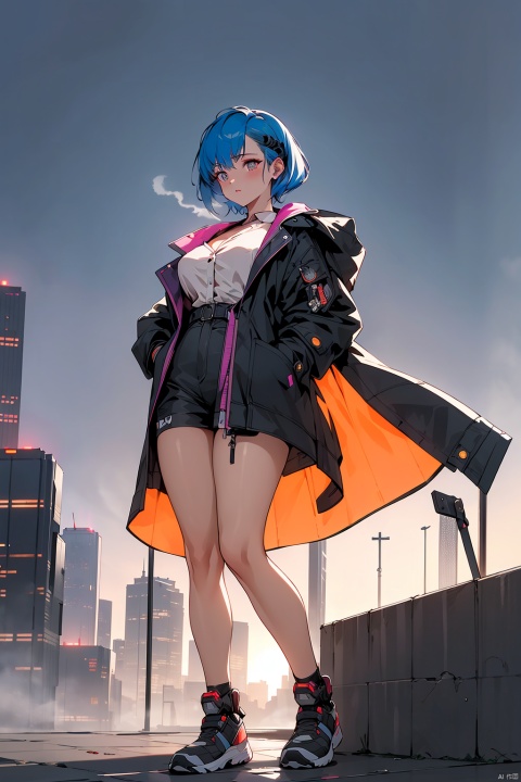(UHQ, 4k resolution), a cyberpunk-themed visualization of a futuristic cityscape at sunset., a female robot detective leans against a sleek matte black hovercar with cherry blossom decals, wearing a long midnight blue trench coat and vibrant neon purple hair, paired with her advanced cybernetic eyes Implants provide a stark contrast.The air was thick with steam, rising from vents on the rain-soaked sidewalks, while the sky took on hues of magenta, orange and deep purple as the sun set behind the sprawling metropolis.((poakl))
