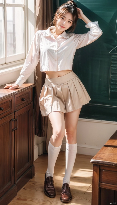 masterpiece, teacher_portrait_photography_of_a_woman, 8K resolution, (educational_grandeur:1.4), soft_lighting, warm_tones,
1 subject,Smile, ponytail, round glasses, blush, shirt, suit, short skirt, over-the-knee socks, absolute territory, exposed navel, loafers,standing_amidst_books_and_educational_materials, solo_shot, gentle_smile, nurturing_pose, intellectual_gaze,
classroom_setting, chalkboard, educational_posters, (learning_environment_emphasis:1.3),
three-quarter_view, shallow_depth_of_field, Sony A7R III with AI-supported lens, ISO400, f/2.5 aperture, shutter_speed_1/80s,
capturing_the_compassion_and_knowledge_of_an_educator, highlighting_her_role_as_a_guiding_light, embodying_the_spirit_of_pedagogy., 