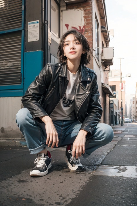 masterpiece, laughing out loud,Half kneeling position,cool_streetstyle_girl_photography, 12K resolution, (bold_urban_edge:1.4), high_contrast, gritty_tones,
1 stylish_woman, wearing_leather_jacket, ripped_jeans, statement_sneakers, graffiti_backdrop, solo_shot, tousled_hair, fierce_expression, powerful_pose, athletic_build,
gritty_cityscape, brick_walls, street_art, (sunflare_effect:0.8),
low_angle_view, shallow_depth_of_field, Fujifilm X-T3 with AI-supported lens, ISO400, f/2.2 aperture, shutter_speed_1/500s,
dynamic_motion_blur, urban_environment_interaction, character_standing_confidently_amidst_the_graffiti, capturing_the_raw_and_unapologetic_spirit_of_modern_female_coolness.